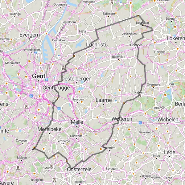 Map miniature of "The Discover Flanders Route" cycling inspiration in Prov. Oost-Vlaanderen, Belgium. Generated by Tarmacs.app cycling route planner