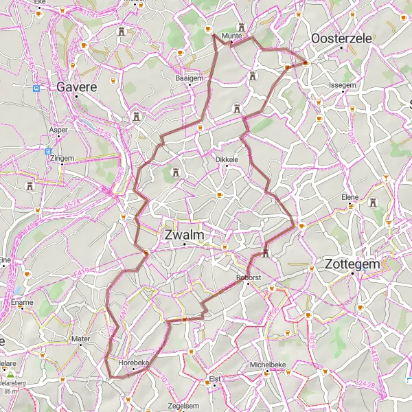 Map miniature of "The Van Themsche Molen and Munte Gravel Loop" cycling inspiration in Prov. Oost-Vlaanderen, Belgium. Generated by Tarmacs.app cycling route planner