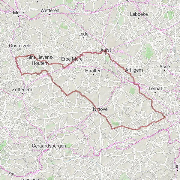 Miniatuurkaart van de fietsinspiratie "Uitdagende gravelronde in de omgeving van Scheldewindeke" in Prov. Oost-Vlaanderen, Belgium. Gemaakt door de Tarmacs.app fietsrouteplanner
