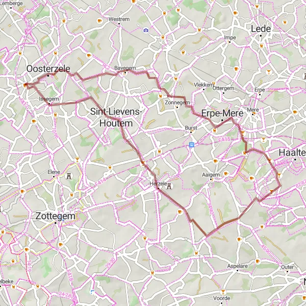 Map miniature of "The Houtem and Woubrechtegem Gravel Loop" cycling inspiration in Prov. Oost-Vlaanderen, Belgium. Generated by Tarmacs.app cycling route planner