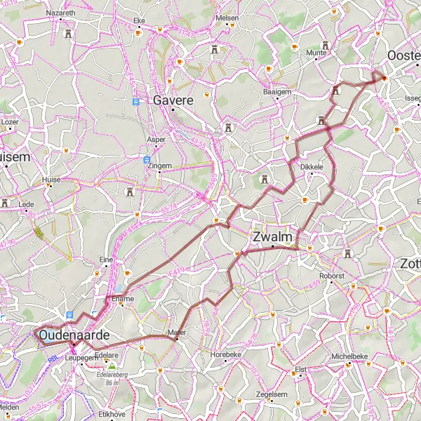 Map miniature of "The Sint-Maria-Latem and Munkzwalm Gravel Adventure" cycling inspiration in Prov. Oost-Vlaanderen, Belgium. Generated by Tarmacs.app cycling route planner