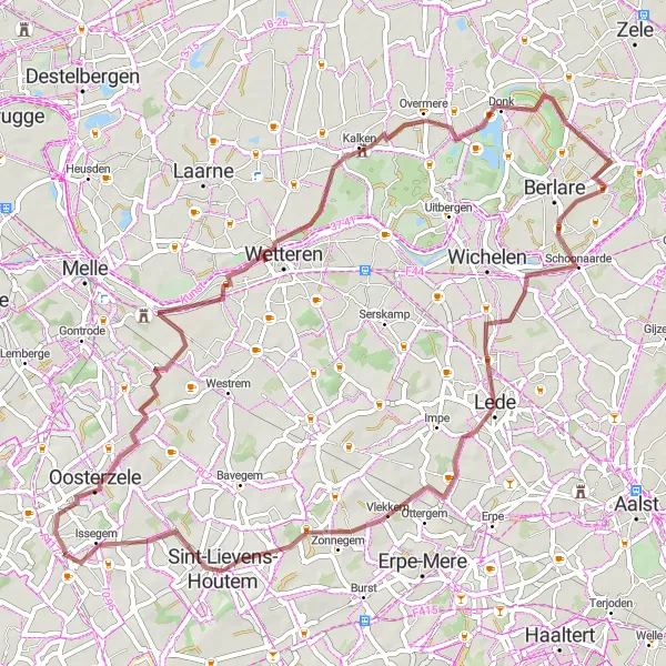 Miniature de la carte de l'inspiration cycliste "La campagne flamande en gravier" dans la Prov. Oost-Vlaanderen, Belgium. Générée par le planificateur d'itinéraire cycliste Tarmacs.app