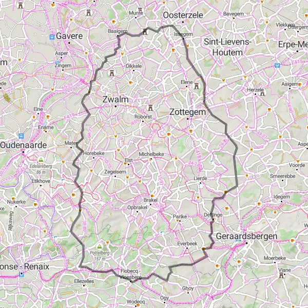 Miniature de la carte de l'inspiration cycliste "Les Collines Flamandes en Road Cycling" dans la Prov. Oost-Vlaanderen, Belgium. Générée par le planificateur d'itinéraire cycliste Tarmacs.app