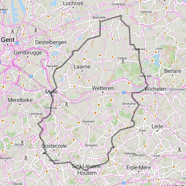 Map miniature of "Serene Road Trip near Scheldewindeke" cycling inspiration in Prov. Oost-Vlaanderen, Belgium. Generated by Tarmacs.app cycling route planner