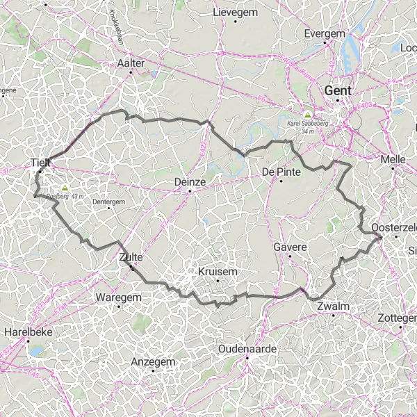 Map miniature of "Road Route around Scheldewindeke" cycling inspiration in Prov. Oost-Vlaanderen, Belgium. Generated by Tarmacs.app cycling route planner