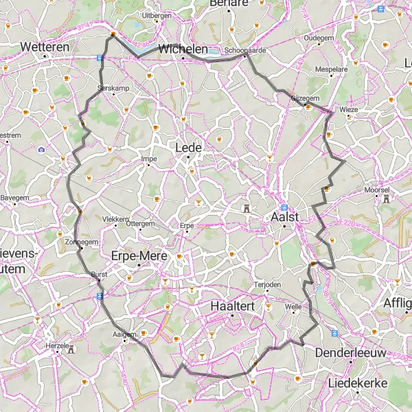 Miniatuurkaart van de fietsinspiratie "Wegroute naar Erembodegem" in Prov. Oost-Vlaanderen, Belgium. Gemaakt door de Tarmacs.app fietsrouteplanner