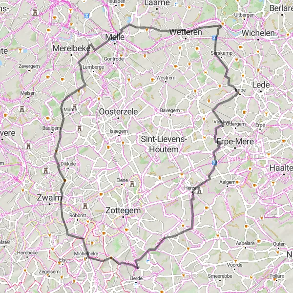 Miniature de la carte de l'inspiration cycliste "La Boucle des Collines Flamandes" dans la Prov. Oost-Vlaanderen, Belgium. Générée par le planificateur d'itinéraire cycliste Tarmacs.app