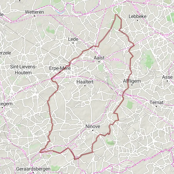 Miniature de la carte de l'inspiration cycliste "Tour de la Campagne de Flandre" dans la Prov. Oost-Vlaanderen, Belgium. Générée par le planificateur d'itinéraire cycliste Tarmacs.app