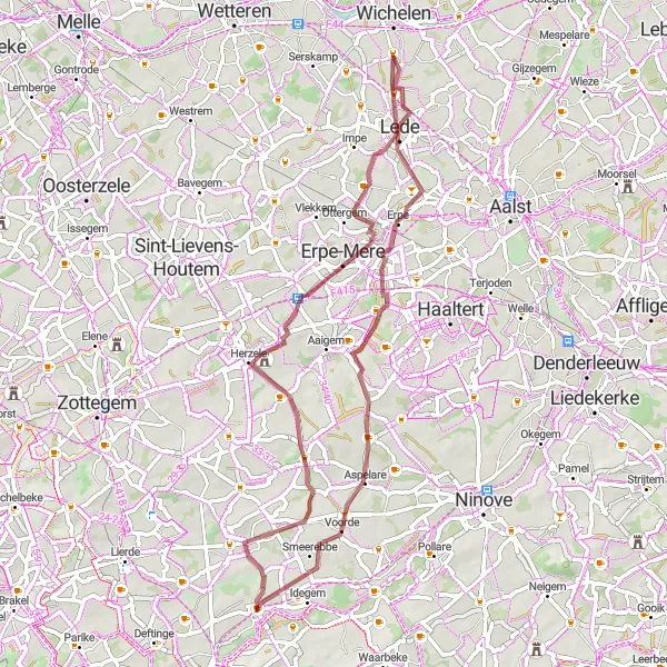 Miniatuurkaart van de fietsinspiratie "Korte gravelroute door het heuvelachtige landschap" in Prov. Oost-Vlaanderen, Belgium. Gemaakt door de Tarmacs.app fietsrouteplanner