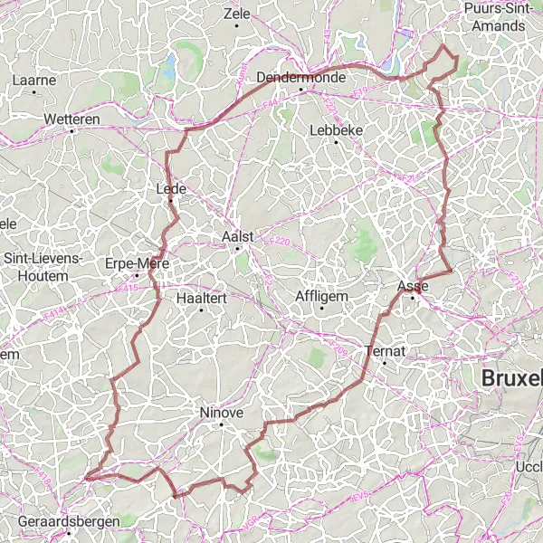 Miniatuurkaart van de fietsinspiratie "Gravelroute rond Schendelbeke en omgeving" in Prov. Oost-Vlaanderen, Belgium. Gemaakt door de Tarmacs.app fietsrouteplanner