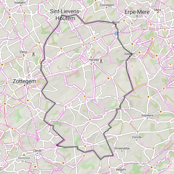 Miniatuurkaart van de fietsinspiratie "Korte fietsroute door landelijke gebieden" in Prov. Oost-Vlaanderen, Belgium. Gemaakt door de Tarmacs.app fietsrouteplanner