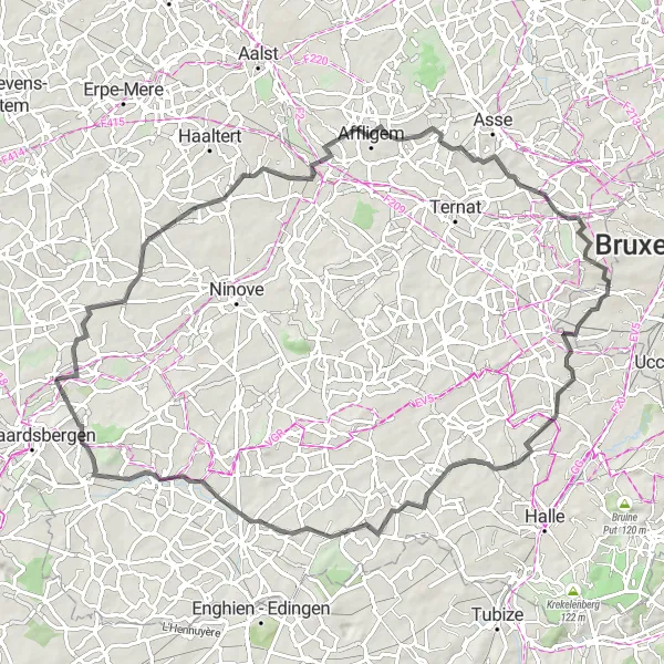 Miniature de la carte de l'inspiration cycliste "Boucle autour de Schendelbeke" dans la Prov. Oost-Vlaanderen, Belgium. Générée par le planificateur d'itinéraire cycliste Tarmacs.app