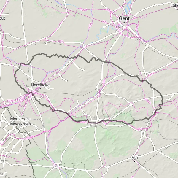 Miniatuurkaart van de fietsinspiratie "Lange fietstocht doorheen Oost-Vlaanderen" in Prov. Oost-Vlaanderen, Belgium. Gemaakt door de Tarmacs.app fietsrouteplanner