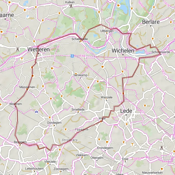 Map miniature of "Impe and De Speelbos" cycling inspiration in Prov. Oost-Vlaanderen, Belgium. Generated by Tarmacs.app cycling route planner