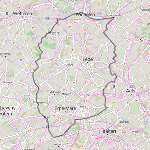 Map miniature of "Nieuwerkerken and Burst" cycling inspiration in Prov. Oost-Vlaanderen, Belgium. Generated by Tarmacs.app cycling route planner