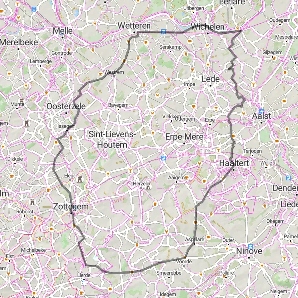Miniature de la carte de l'inspiration cycliste "Les villages pittoresques de la région" dans la Prov. Oost-Vlaanderen, Belgium. Générée par le planificateur d'itinéraire cycliste Tarmacs.app