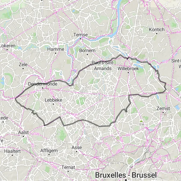 Miniatuurkaart van de fietsinspiratie "Rondrit langs historische steden en groene landschappen" in Prov. Oost-Vlaanderen, Belgium. Gemaakt door de Tarmacs.app fietsrouteplanner
