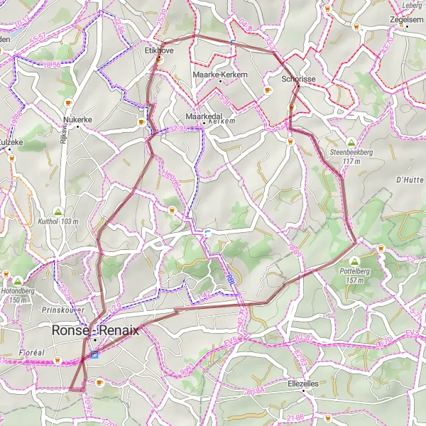 Miniature de la carte de l'inspiration cycliste "Schorisse - Grootveld Loop" dans la Prov. Oost-Vlaanderen, Belgium. Générée par le planificateur d'itinéraire cycliste Tarmacs.app