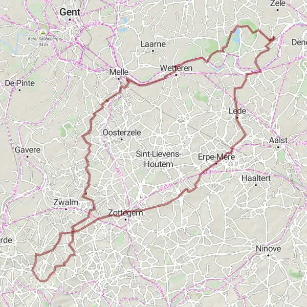 Karten-Miniaturansicht der Radinspiration "Epische Graveltour durch Donk und Kasteel van Egmont" in Prov. Oost-Vlaanderen, Belgium. Erstellt vom Tarmacs.app-Routenplaner für Radtouren