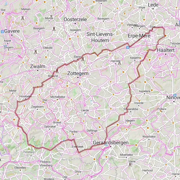 Miniatuurkaart van de fietsinspiratie "Grindwegen van Schorisse" in Prov. Oost-Vlaanderen, Belgium. Gemaakt door de Tarmacs.app fietsrouteplanner