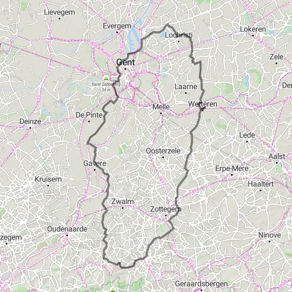 Miniature de la carte de l'inspiration cycliste "Route de la Vallée verte" dans la Prov. Oost-Vlaanderen, Belgium. Générée par le planificateur d'itinéraire cycliste Tarmacs.app
