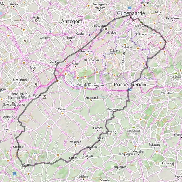 Miniatuurkaart van de fietsinspiratie "Wegen van de Muziekberg" in Prov. Oost-Vlaanderen, Belgium. Gemaakt door de Tarmacs.app fietsrouteplanner