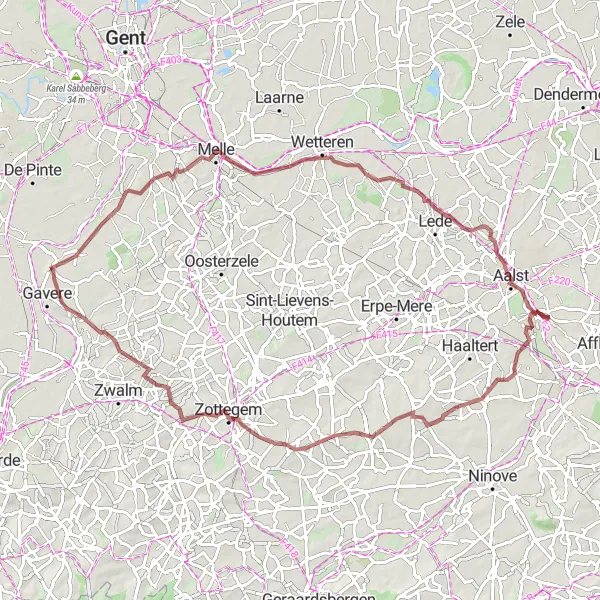 Miniatuurkaart van de fietsinspiratie "Gravelroute naar Aalst en Dikkelvenne" in Prov. Oost-Vlaanderen, Belgium. Gemaakt door de Tarmacs.app fietsrouteplanner