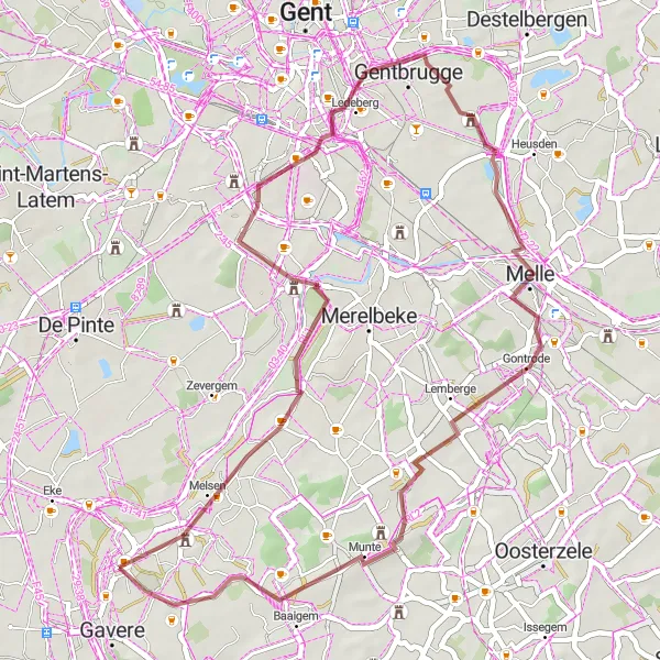 Miniatuurkaart van de fietsinspiratie "Historische tour door Schelderode en Munte op de Gravelbike" in Prov. Oost-Vlaanderen, Belgium. Gemaakt door de Tarmacs.app fietsrouteplanner