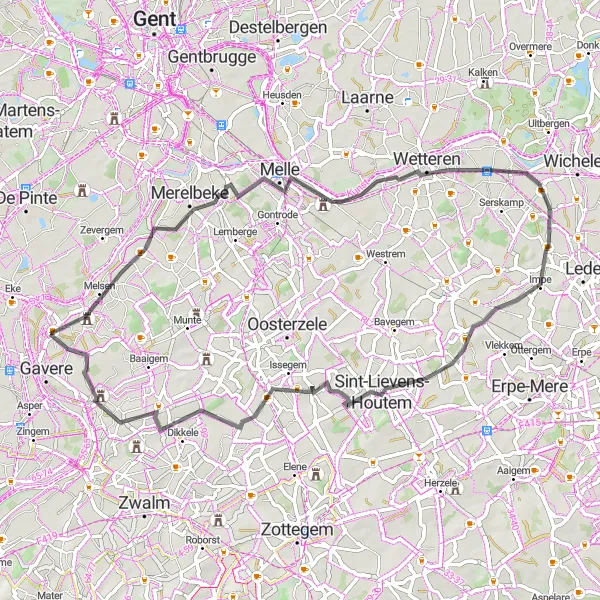 Map miniature of "Countryside Escape" cycling inspiration in Prov. Oost-Vlaanderen, Belgium. Generated by Tarmacs.app cycling route planner