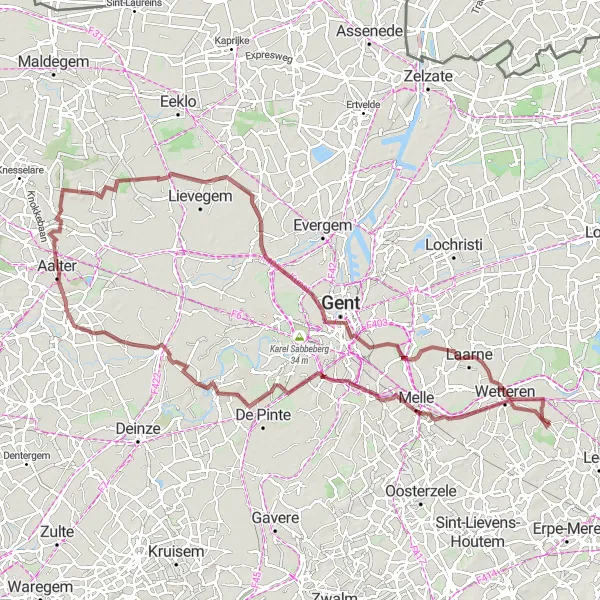 Miniatuurkaart van de fietsinspiratie "Gravelroute van Serskamp naar Ursel" in Prov. Oost-Vlaanderen, Belgium. Gemaakt door de Tarmacs.app fietsrouteplanner