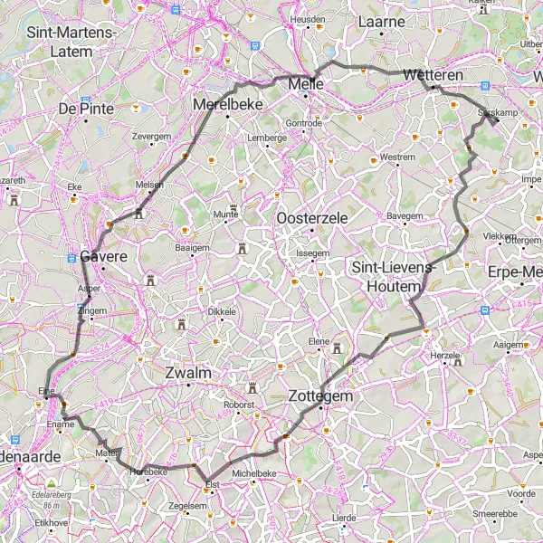 Karten-Miniaturansicht der Radinspiration "Erkunde die grüne Landschaft von Oost-Vlaanderen" in Prov. Oost-Vlaanderen, Belgium. Erstellt vom Tarmacs.app-Routenplaner für Radtouren