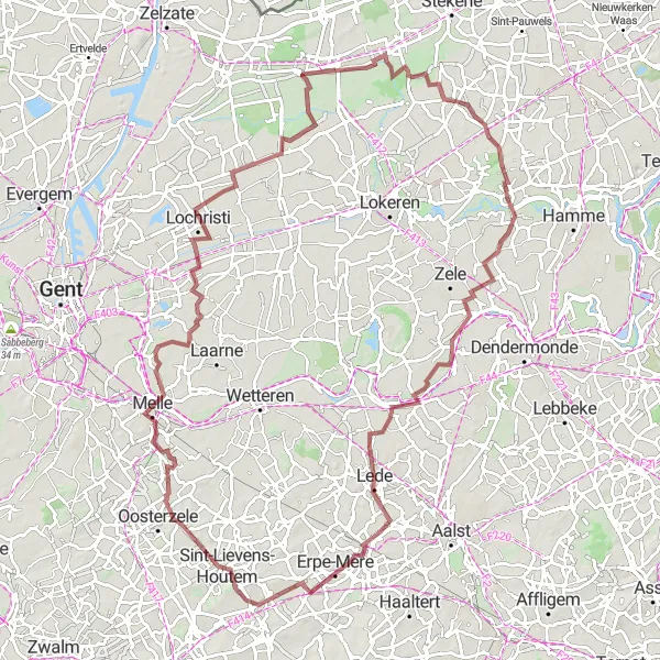 Miniatuurkaart van de fietsinspiratie "Uitdagende graveltocht in Oost-Vlaanderen" in Prov. Oost-Vlaanderen, Belgium. Gemaakt door de Tarmacs.app fietsrouteplanner