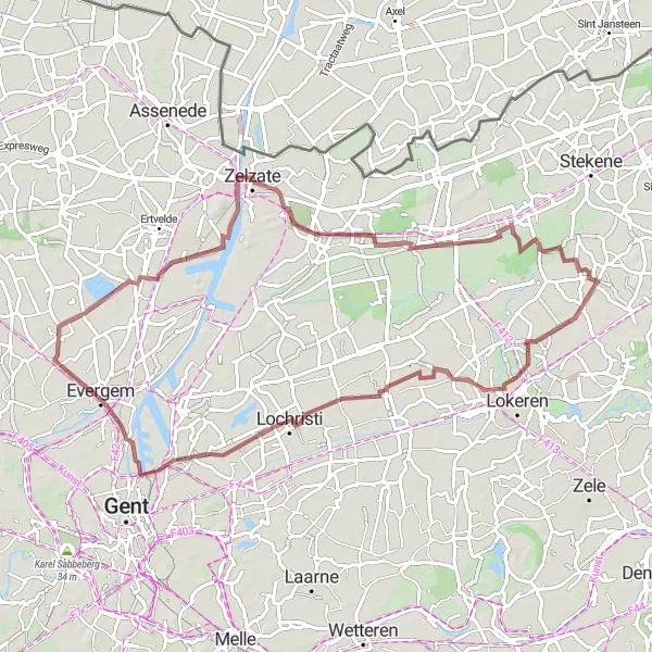 Miniatuurkaart van de fietsinspiratie "Gravelroute van Sinaai naar Zelzate" in Prov. Oost-Vlaanderen, Belgium. Gemaakt door de Tarmacs.app fietsrouteplanner