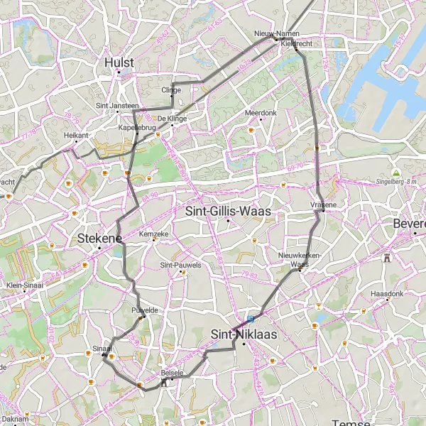 Karten-Miniaturansicht der Radinspiration "Straßenroute von Sinaai nach Belsele" in Prov. Oost-Vlaanderen, Belgium. Erstellt vom Tarmacs.app-Routenplaner für Radtouren