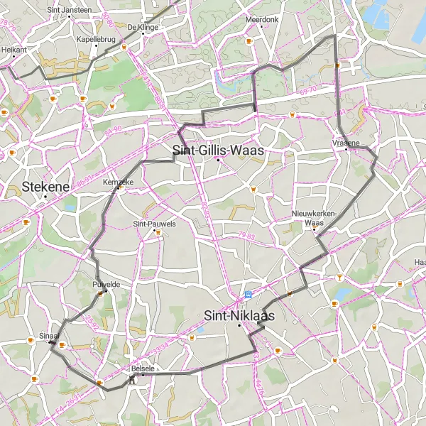 Map miniature of "Cultural Road Cycling: Puivelde to Verrebroek" cycling inspiration in Prov. Oost-Vlaanderen, Belgium. Generated by Tarmacs.app cycling route planner