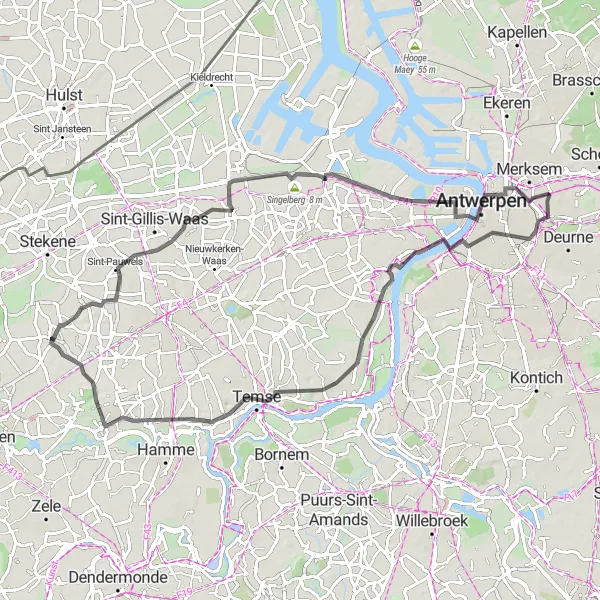 Map miniature of "Sinaai - Wijnveld Road Adventure" cycling inspiration in Prov. Oost-Vlaanderen, Belgium. Generated by Tarmacs.app cycling route planner