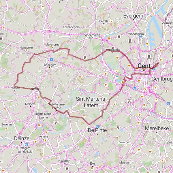 Map miniature of "Sint-Amandsberg Gravel Loop Extended" cycling inspiration in Prov. Oost-Vlaanderen, Belgium. Generated by Tarmacs.app cycling route planner