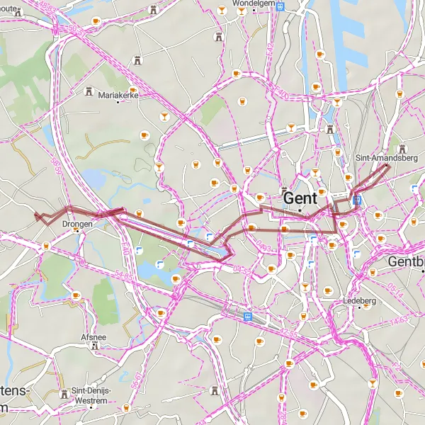 Map miniature of "Sint-Amandsberg Gravel Loop" cycling inspiration in Prov. Oost-Vlaanderen, Belgium. Generated by Tarmacs.app cycling route planner