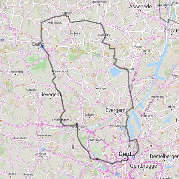 Map miniature of "Road Adventure - Historical Gems and Breathtaking Landscapes" cycling inspiration in Prov. Oost-Vlaanderen, Belgium. Generated by Tarmacs.app cycling route planner