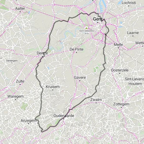 Map miniature of "Merelbeke Road Loop" cycling inspiration in Prov. Oost-Vlaanderen, Belgium. Generated by Tarmacs.app cycling route planner