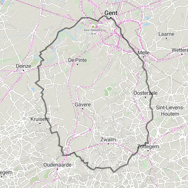 Map miniature of "Road Challenge - Gontrode's Hilly Landscape" cycling inspiration in Prov. Oost-Vlaanderen, Belgium. Generated by Tarmacs.app cycling route planner