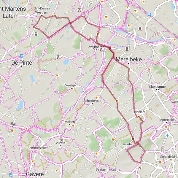 Map miniature of "Gravel Route Around Sint-Denijs-Westrem" cycling inspiration in Prov. Oost-Vlaanderen, Belgium. Generated by Tarmacs.app cycling route planner