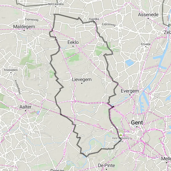 Miniature de la carte de l'inspiration cycliste "Le tour des collines de Sint-Denijs-Westrem" dans la Prov. Oost-Vlaanderen, Belgium. Générée par le planificateur d'itinéraire cycliste Tarmacs.app