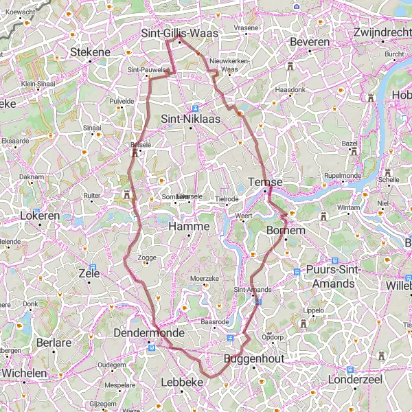 Miniatuurkaart van de fietsinspiratie "Sint-Gillis-Waas naar Sint-Pauwels" in Prov. Oost-Vlaanderen, Belgium. Gemaakt door de Tarmacs.app fietsrouteplanner