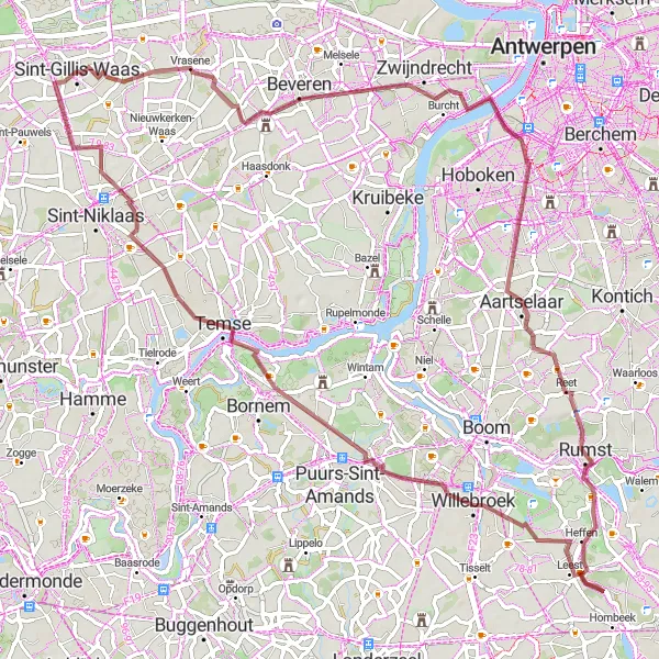 Karten-Miniaturansicht der Radinspiration "Gravel-Rundfahrt von Sint-Gillis-Waas nach Vrasene" in Prov. Oost-Vlaanderen, Belgium. Erstellt vom Tarmacs.app-Routenplaner für Radtouren