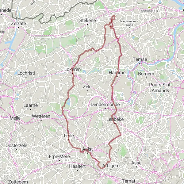 Map miniature of "The Greenlands Challenge" cycling inspiration in Prov. Oost-Vlaanderen, Belgium. Generated by Tarmacs.app cycling route planner