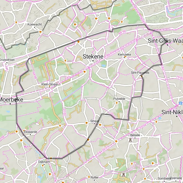 Map miniature of "Sint-Gillis-Waas and Surroundings" cycling inspiration in Prov. Oost-Vlaanderen, Belgium. Generated by Tarmacs.app cycling route planner