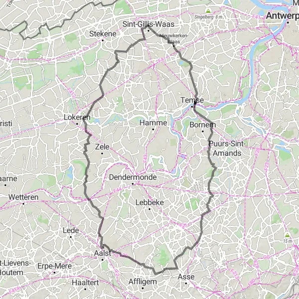 Map miniature of "The Rolling Roads of East Flanders" cycling inspiration in Prov. Oost-Vlaanderen, Belgium. Generated by Tarmacs.app cycling route planner