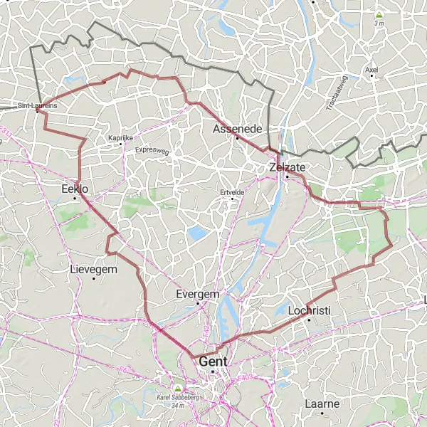 Miniatuurkaart van de fietsinspiratie "Gravelroute naar Zelzate en Waarschoot" in Prov. Oost-Vlaanderen, Belgium. Gemaakt door de Tarmacs.app fietsrouteplanner