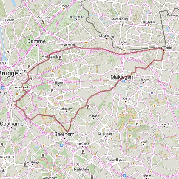 Map miniature of "Circumnavigate Sint-Laureins and Discover Maldegem" cycling inspiration in Prov. Oost-Vlaanderen, Belgium. Generated by Tarmacs.app cycling route planner